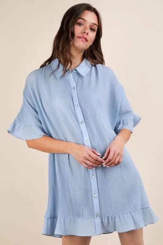 VERY J Pleated Detail Button Down Mini Dress - SwagglyLife Home & Fashion
